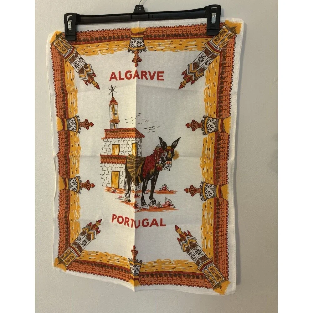 Vintage Algarve Portugal Linen Tea Towel Souvenir Donkey Chimney Folk Art 70s